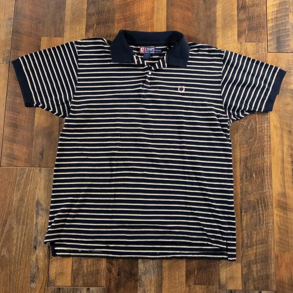 Vintage 90s Chaps Ralph Lauren Navy Gold Striped Polo Shirt Men's XXL